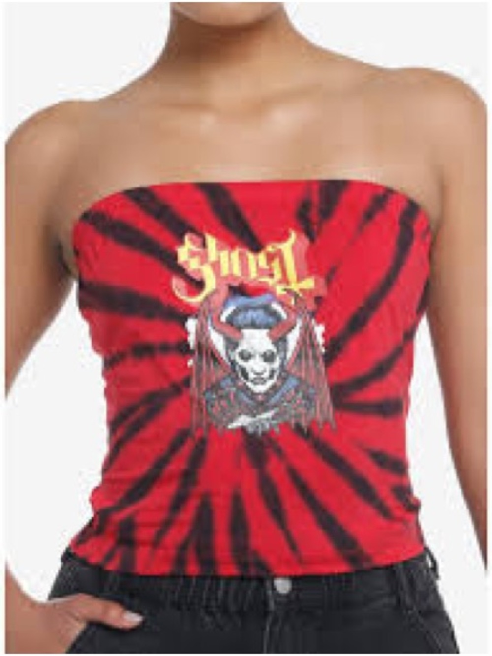 Hot Topic Red and Black Tie-Dye Ghost Skull Strapless Crop Top